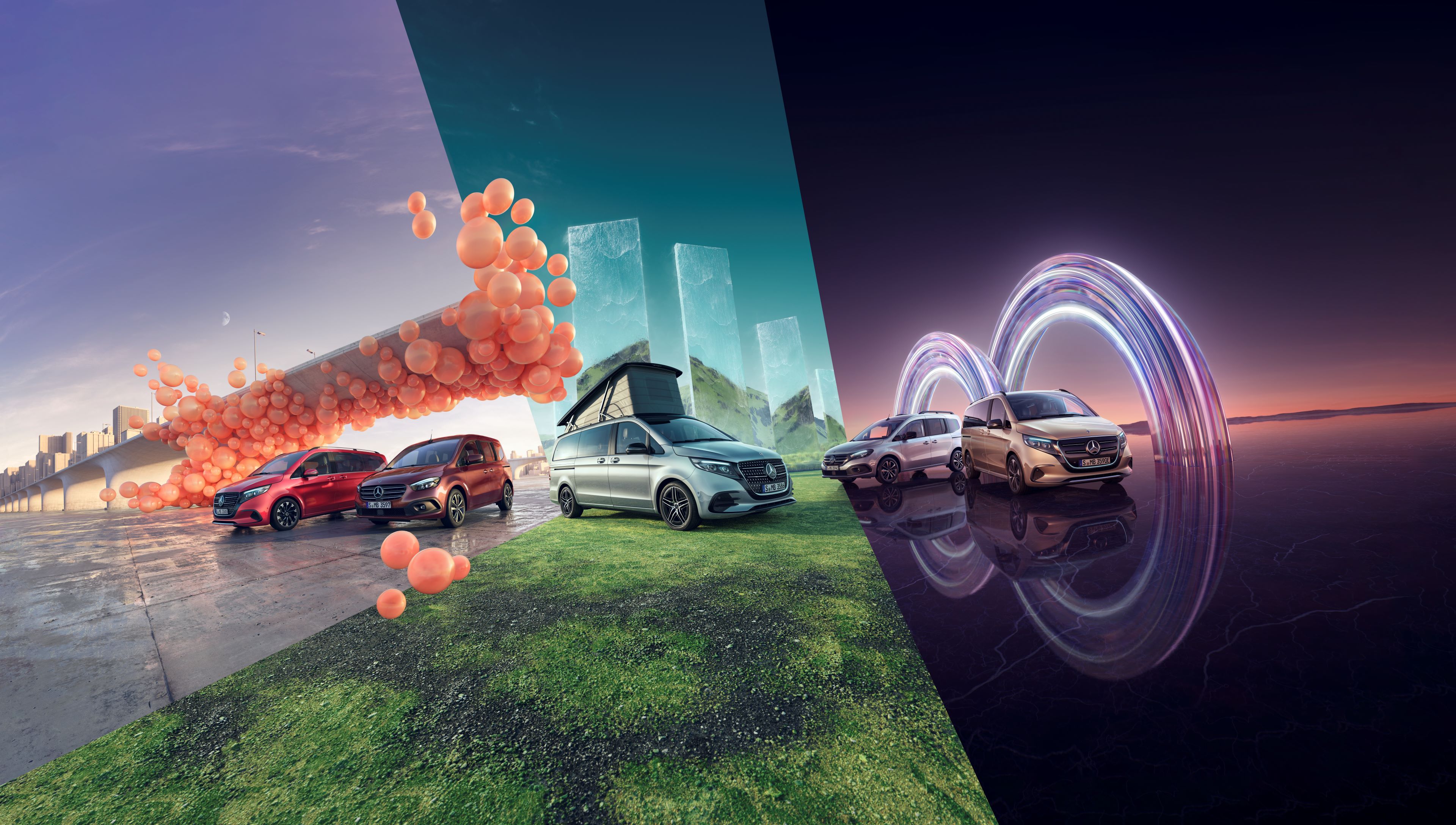 Családi egyterűek, buszlimuzinok és lakóautó modellek Családi egyterűek, buszlimuzinok és lakóautó modellek változatos háttér előtt.