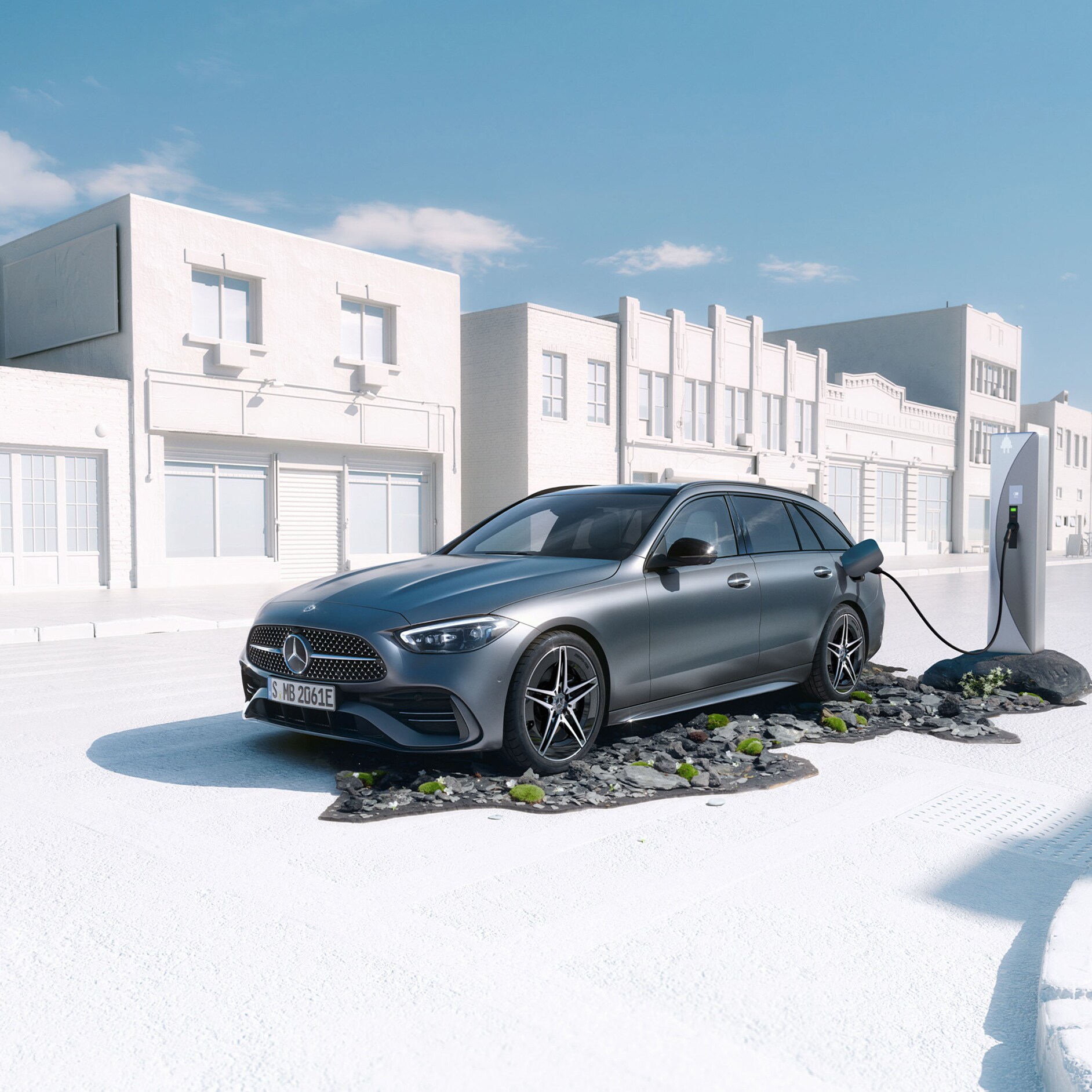 Mercedes-Benz | Land Sea Air | Plug-in hibrid modellek A Mercedes-Benz C-osztály 300 e T-Modell oldalnézetben elölről.